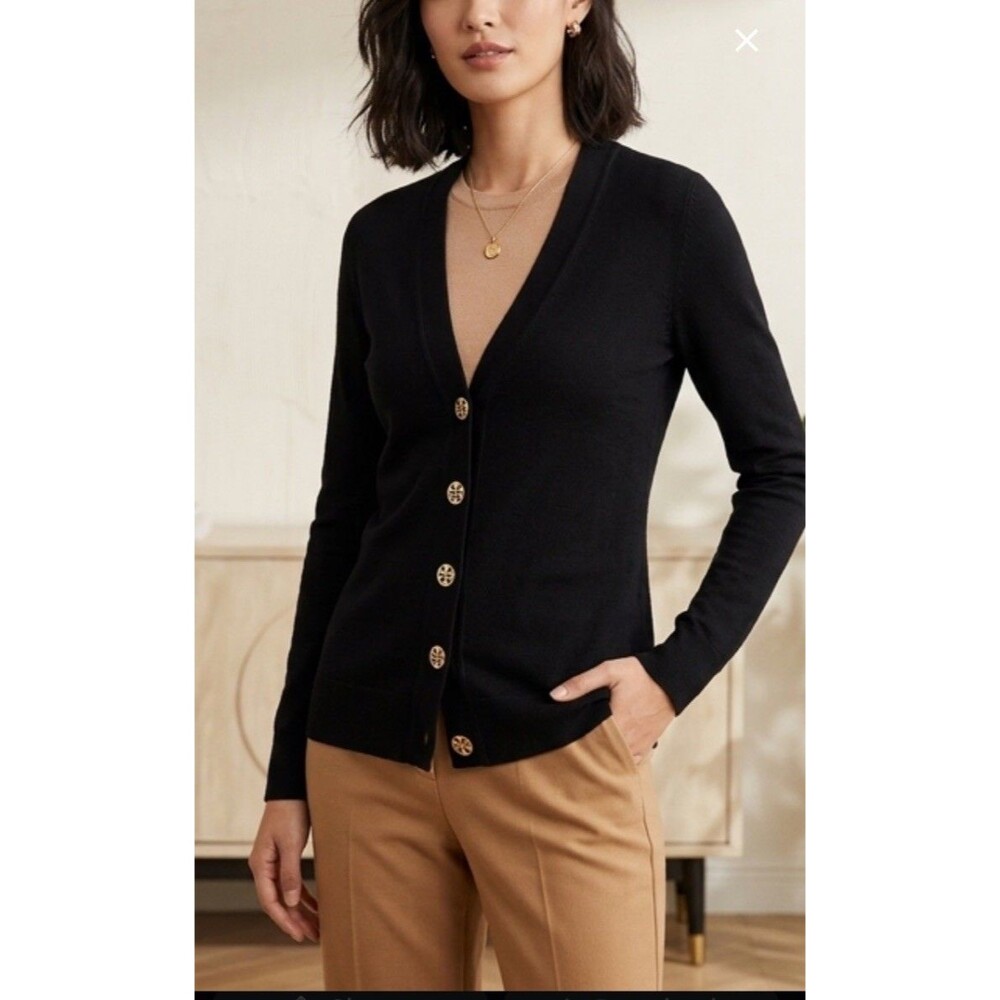 Tory Burch Simone Gold Button Cardigan Womens S Black Merino Wool Logo Preppy